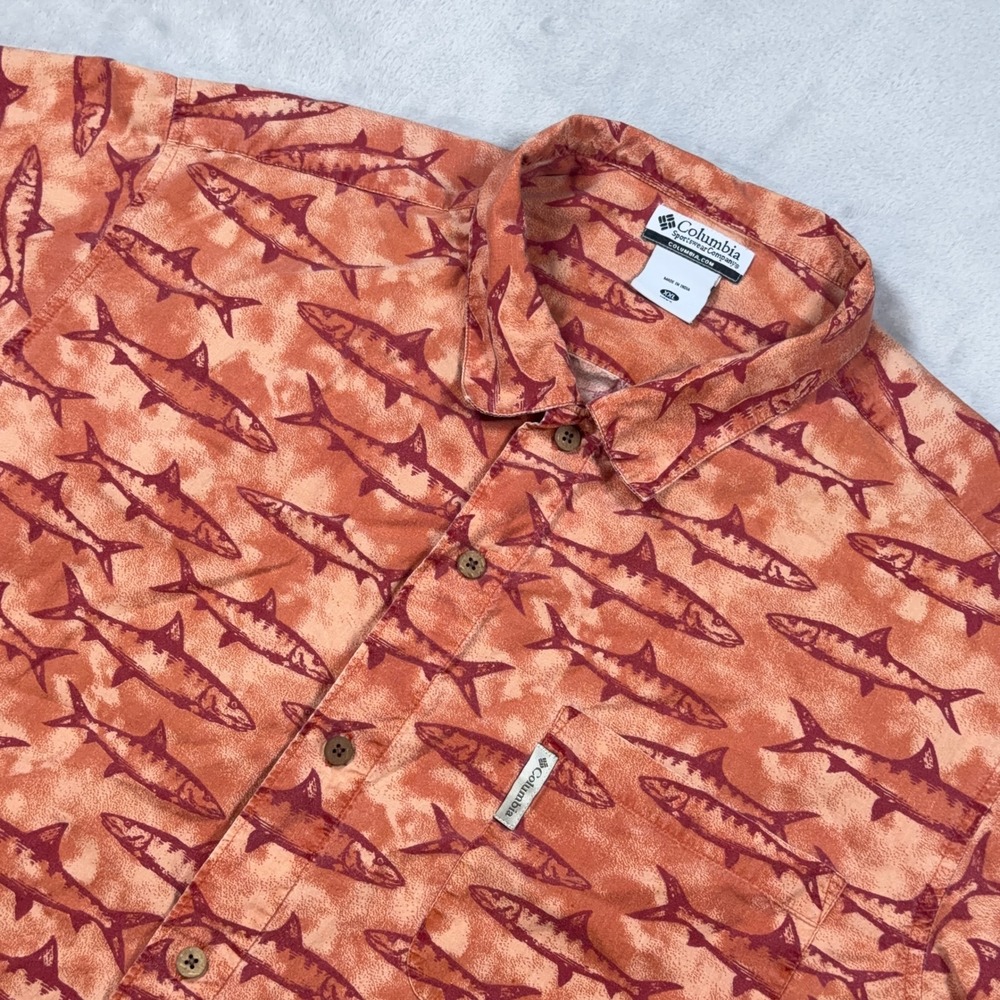 Vintage Y2K Columbia Fish Print Button Up Shirt Mens XXL Orange Cotton Camp